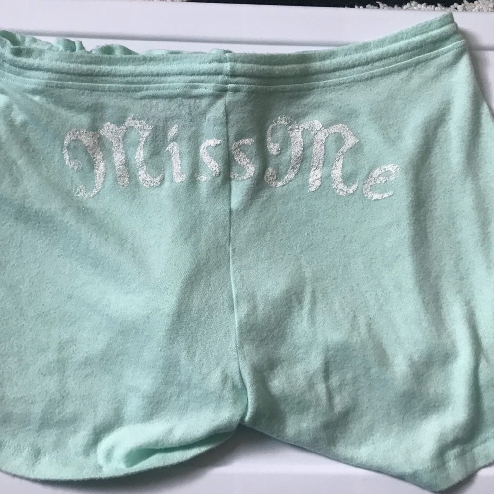 Mint Colored Pull on drawstring miss me shorts, MISS ME on the backside Run Big